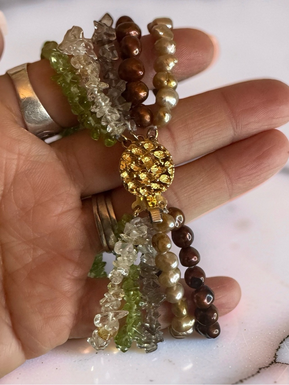 Multi-Strand Gemstone and Freashwater Pearl Bracelet